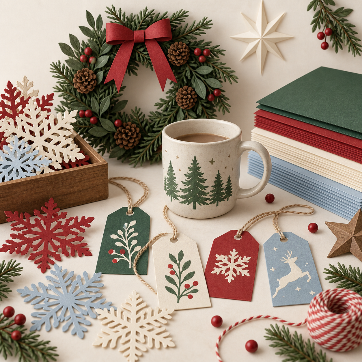 Original Christmas paper crafts, gift tags, snowflakes, and a decorated mug
