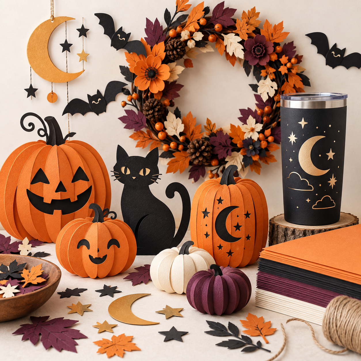 Original Halloween paper crafts with pumpkins, bats, a cat, and a decorated tumbler